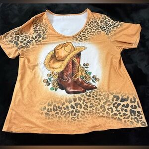 Western Cowgirl Boots Graphic Tee Leopard Print Plus Size 2XL Boutique Top